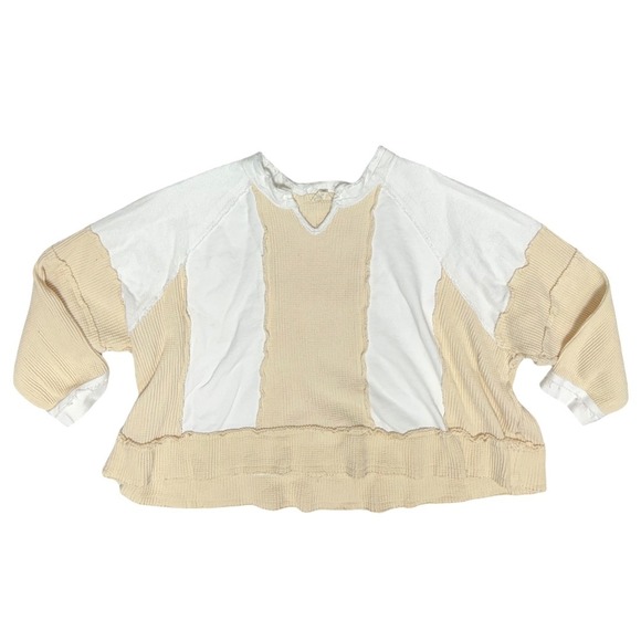 POL Tops - POL Patchwork Thermal Knit V Neck Pullover Top Women's M Cream Beige